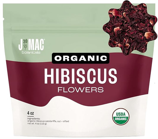 J Mac Botanicals, Organic Hibiscus Flower (4 ounce), Hibiscus tea, cut & sifted flowers, dried from Egypt, herbal tea leaves, Flor de Jamaica, edible