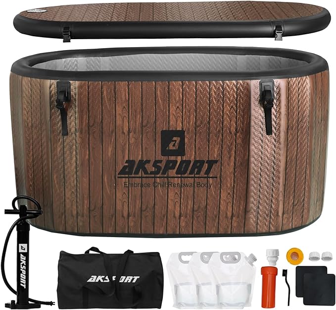 AKSPORT Ice Bath Tub for Athletes, 151 Gallons Inflatable Cold Plunge Tub Compatible with Water Chillers, Icebath for Recovery & Cold Water Therapy, Portable Bathtub for Indoor & Outdoor-Wood
