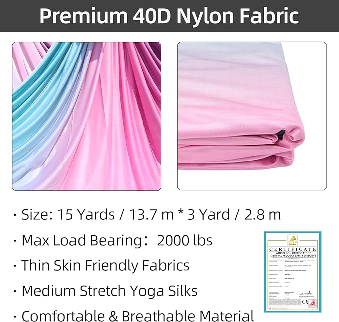 PRIOR FITNESS Aerial Silks Kit Colorful 9/15/20 Yards 40D Nylon Fabric Hammock Set With Hardware & Guide for All Levels Of Aerial Yoga Practice and Acrobatic Flying For Adults Aerial silk