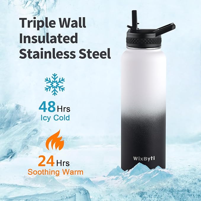 40 oz Insulated Water Bottle with Straw (Cold for 48 Hrs), Stainless Steel Triple Wall Vacuum Sports Water Jug, Leakproof Hydro Cup Flask with Paracord Handle & Straw Spout Lids & DIY Stickers