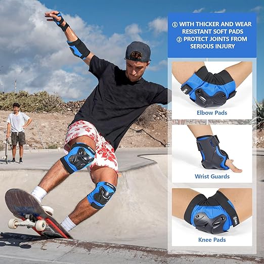 Skating Protective Gear Youth Knee and Elbow Pads Wrist Guards for Roller Skating Skateboarding, Skate Pads Youth Knee Pads Blue