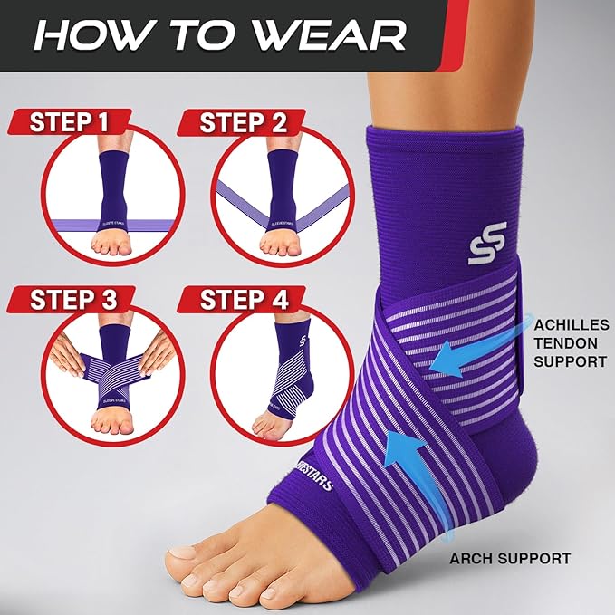 Sleeve Stars Ankle Brace for Women & Men, Ankle Wrap for Sprain, Compression Sleeve for Plantar Fasciitis Relief, Easy Customizable Support: w/ Removable Strap (Pair/M:10"-12"/Dark Purple)