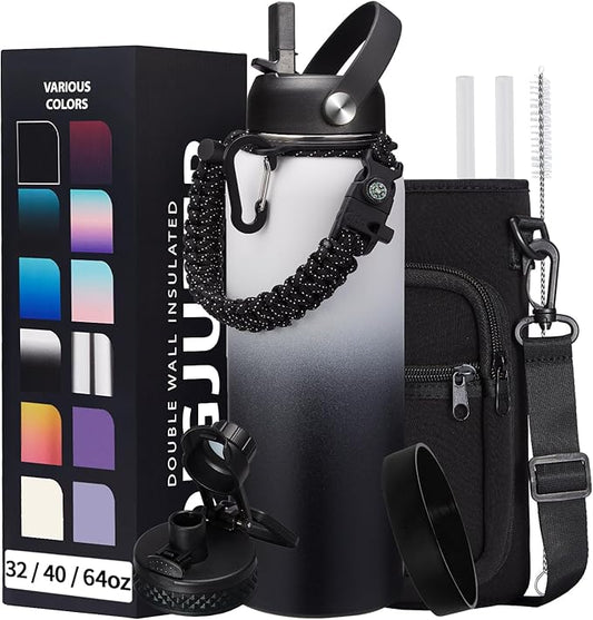 Stainless Steel Water Bottle 40oz with Straw & Auto Spout Lids, Paracord Handle, Insulated Water Flask Carrier Bag & Protective Boot, Thermo Bottle Mug Metal Canteen Keep Cold-48H & Hot-24H