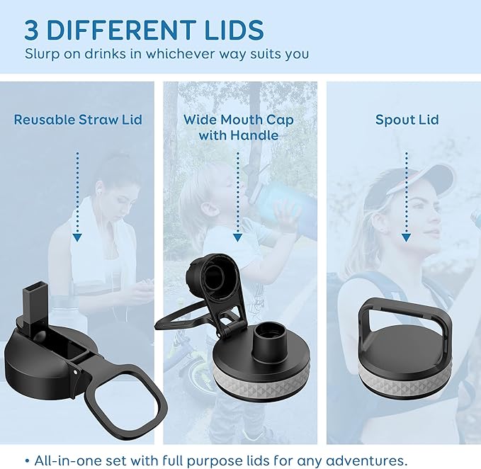 Insulated Water Bottle 87 oz with Straw, Coolflask 2/3 Gallon Stainless Steel Metal 3 Lids Large Water Jug for Sports or Office, Non-BPA Keep Cold Up to 48 Hrs or Hot Up to 24 Hrs, Magic Black