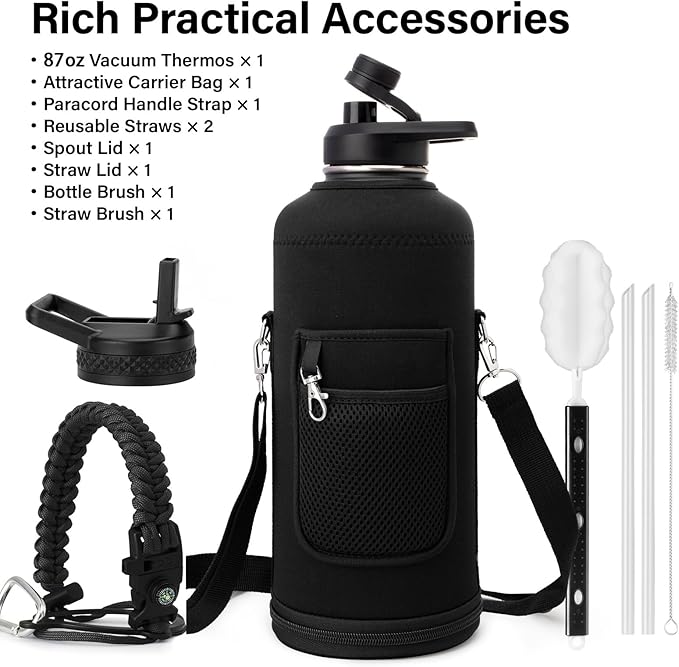 Insulated Water Bottle | Thickened Stainless Steel for Gym and Hiking with Straw, Carrier Bag, Handle Strap | BPA-Free 87 oz