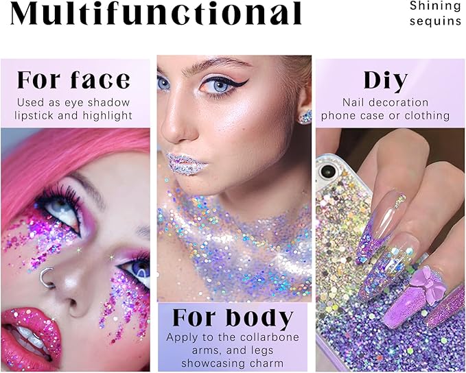 2 Colors Roll-on Body Glitter Gel, Holographic Glitter Gel Under Light for Face Hair, Body Shimmer for Rave Accessories Christmas New Year Halloween Makeup (8+11)