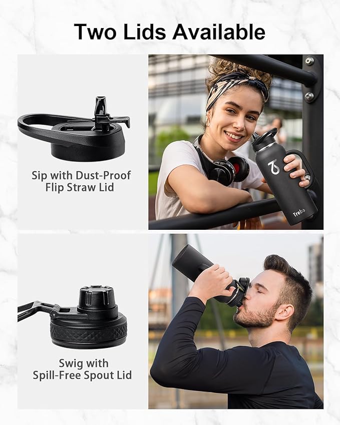 Trebo 40oz Water Bottle Insulated with Handle, Stainless Steel Metal Large Jug,Travel Flask with Straw Spout Lid,Mug Tumbler Cup with Carry Pouch,Keep Cold Hot, Indigo Black