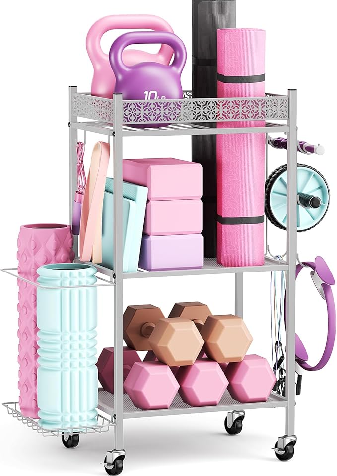 Yoga Mat Storage Rack, Home Gym Storage Rack, VOPEAK Workout Storage for Yoga Mat, Foam Roller, Equipment Gym Storage for Home Exercise and Fitness Gear (Metal)