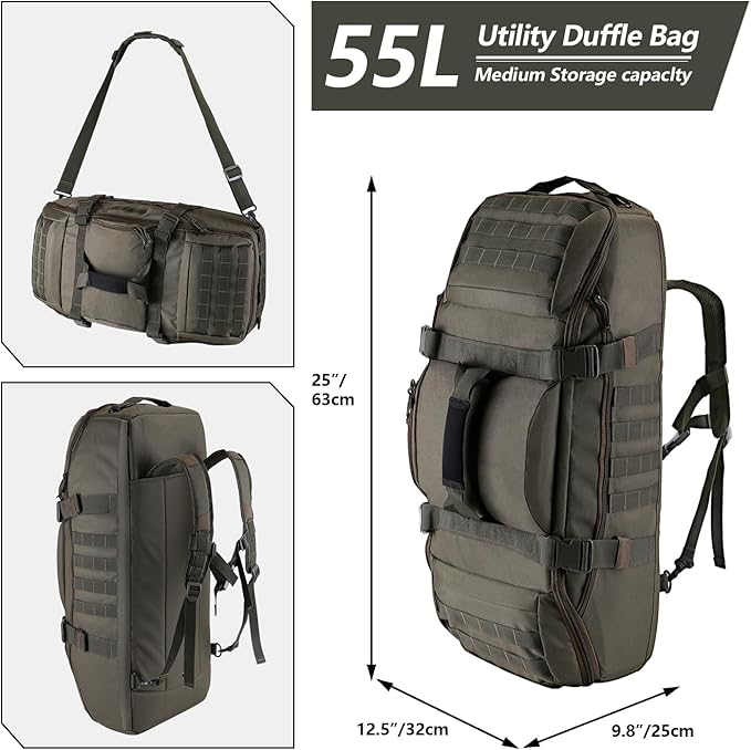 55L Large Duffle Bag, 3-in-1 Tactical Backpack MOLLE Pack for Sports, Gym, Outdoor, Olive Green
