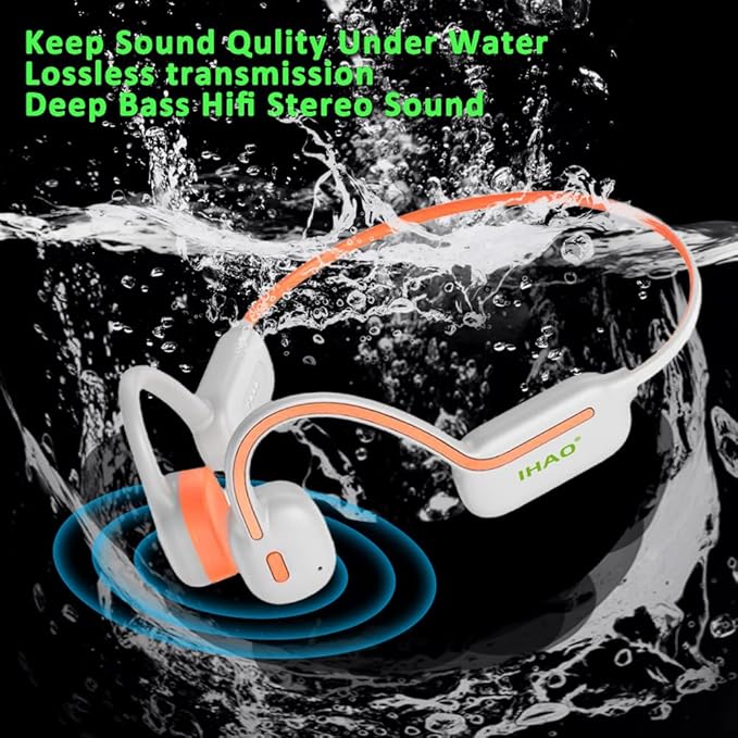 IHAO Swimming Headphones True Bone Conduction Open Ear Headset MP3 Player Built-in 32G Memory IP68 Underwater Waterproof Stereo Bluetooth Earphone for Driving Bicycling Running Skiing-Orange