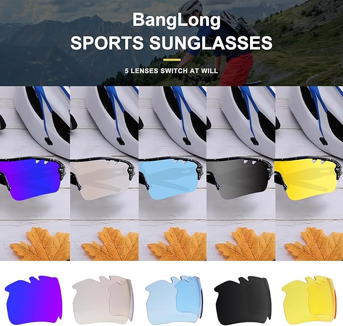 BangLong Polarized Sports Sunglasses Cycling Sun Glasses for Men Women with 5 Interchangeable Lenes for Running Baseball Golf