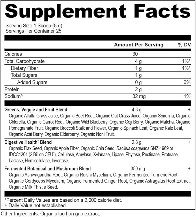 Ancient Nutrition Super Greens Powder, Organic Superfood Powder with Probiotics Made with Spirulina, Chlorella, Matcha, and Digestive Enzymes, 25 Servings, 7.05oz