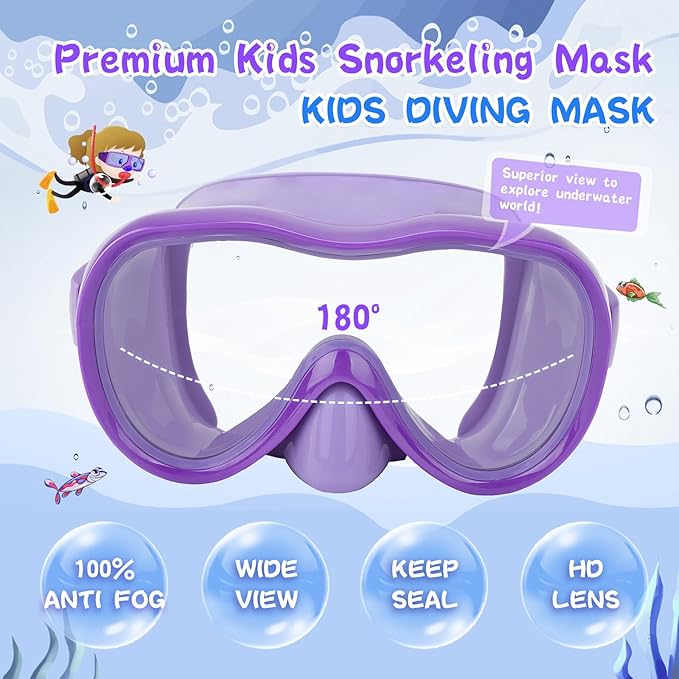 Kids Swim Goggles 180° Snorkel Diving Mask with Nose Cover, Anti-Fog Kids Swimming Goggles with Elastic Fabric Strap for Kids Boys Girls