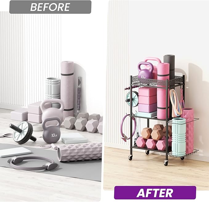 Yoga Mat Storage Rack, Home Gym Storage Rack, VOPEAK Workout Storage for Yoga Mat, Foam Roller, Equipment Gym Storage for Home Exercise and Fitness Gear (Metal)