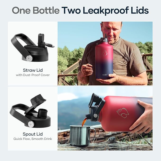 128oz Insulated Water Bottle, BUZIO Gallon Water Jug with Straw Lid and Carrying Sleeve (Cold for 48 Hrs) Stainless Steel Hydro Metal Canteen Water Flask, Ruby Red Navy