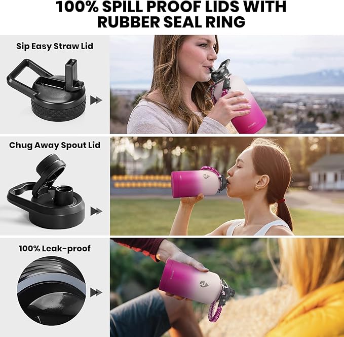 Insulated Water Bottle 64 oz, Triple Wall Vacuum Stainless Steel (Cold for 48 Hrs), Leak Proof & Non-BPA, Half Gallon Water Flask Jug with Paracord Handle & Straw Spout Lids, Ombre Pink