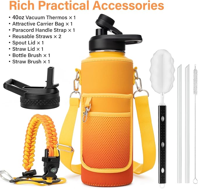 40 oz Insulated Water Bottle | Thickened Stainless Steel Vacuum Metal | Portable Sports Water Jug for Gym and Hiking with Straw, Carrier Bag, Handle Strap | BPA-Free 40 oz