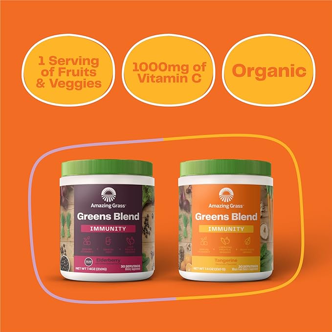 Amazing Grass Green Superfood Immunity: Super Greens Powder with Vitamin C, Cordyceps, Beet Root Powder & Reishi Mushrooms, Tangerine, 30 Servings