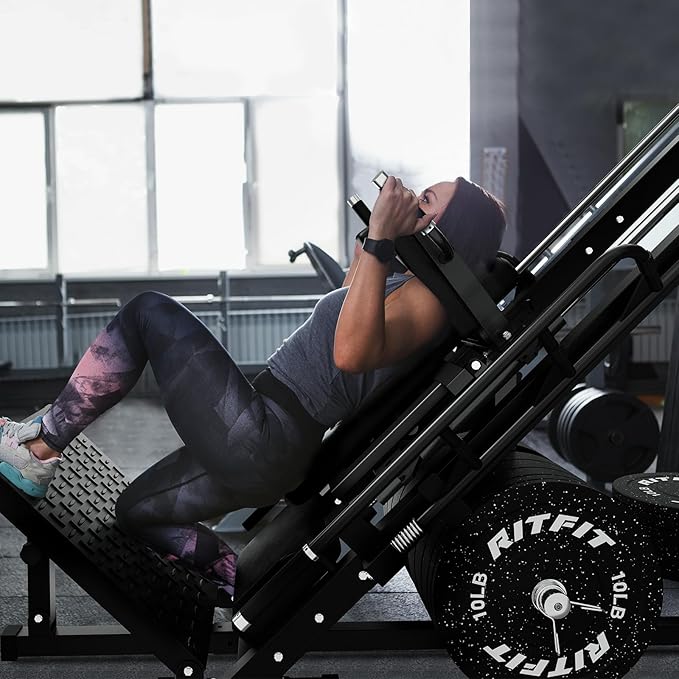 RitFit Adjustable Leg Press and Hack Squat Machine with Weight Plate Set, Professional Home Gym Equipment with Linear Bearings, Specialized for Complete Lower Body Workouts and Weight Storage Posts