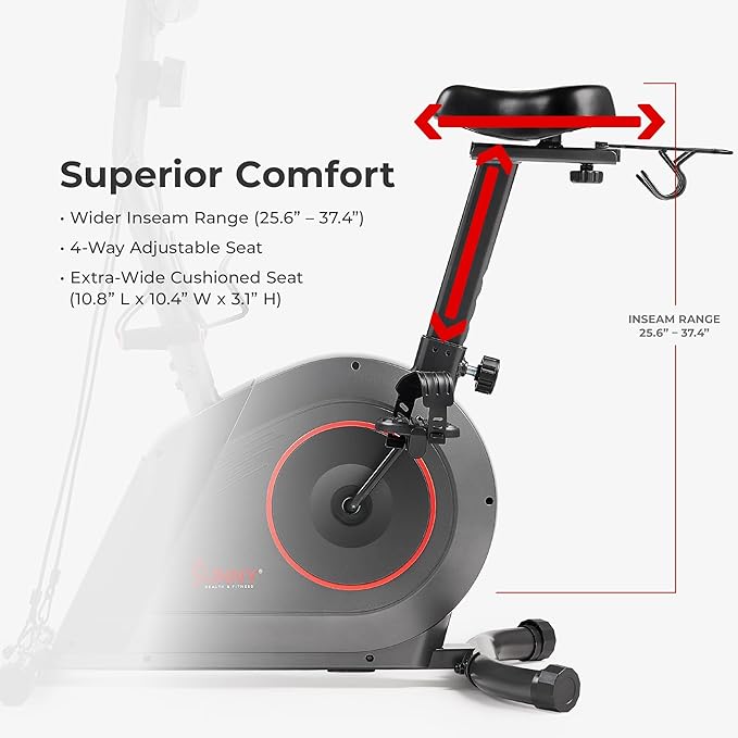 Sunny Health & Fitness Smart Stationary Exercise Upright Bike w/Pulse Sensor & 4-Way Adjustable Seat, Cycling Machine for Home Cardio Training, Free SunnyFit App Connection, Optional Resistance Band