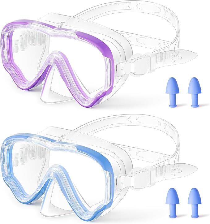 Kids Swim Goggles with Nose Cover, Snorkel Diving Mask Anti-Fog Anti-UV, Snorkeling Gear Swimming Goggles for Kids 3-14 2PCS