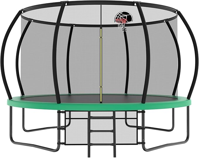10 12 14 15 16FT Outdoor Trampolines for Kids and Adults, Pumpkin Trampoline with Curved Poles, Recreational Trampoline with Basketball Hoop and Safety Enclosure Net for Kids and Adults