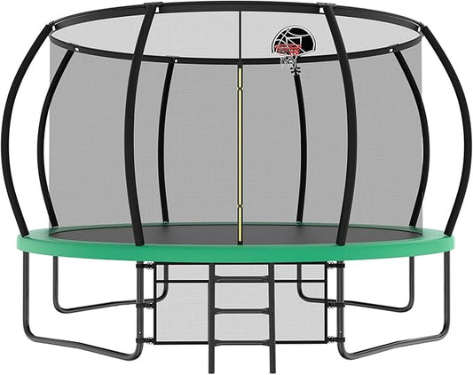 10 12 14 15 16FT Outdoor Trampolines for Kids and Adults, Pumpkin Trampoline with Curved Poles, Recreational Trampoline with Basketball Hoop and Safety Enclosure Net for Kids and Adults
