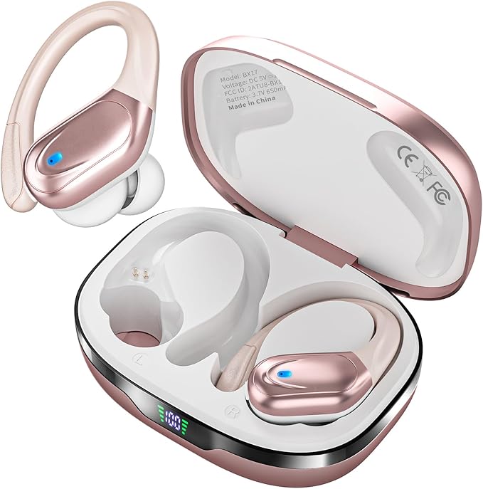 Wireless Earbuds, Sports Bluetooth Headphones, 80Hrs Playtime Ear Buds with LED Power Display, Noise Canceling Headset, IPX7 Waterproof Earphones for Workout/Running (Rose Gold)