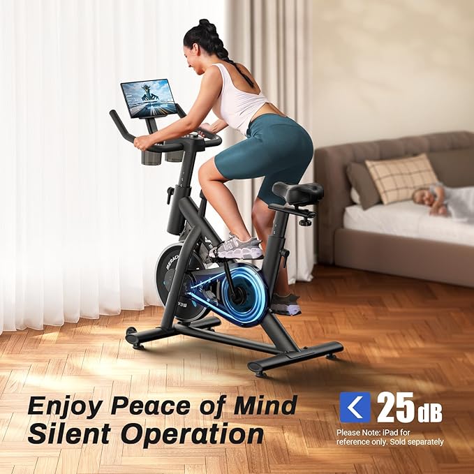 MERACH Exercise Bike, Brake Pad Stationary Bike with Exclusive App, Low Noise Indoor Cycling Bike with 300lbs Weight Capacity, Tablet Mount and Fitness Courses for Weight Loss