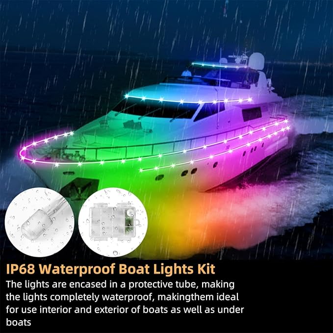 Kayak Paddle Board Lights Kit, IP68 Waterproof Dream Color SUP Glow Lights with Remote, Battery Powered Kayak Lighting for Night Kayaking SUP Canoes, Marine Boat Pontoon Light (22FT)