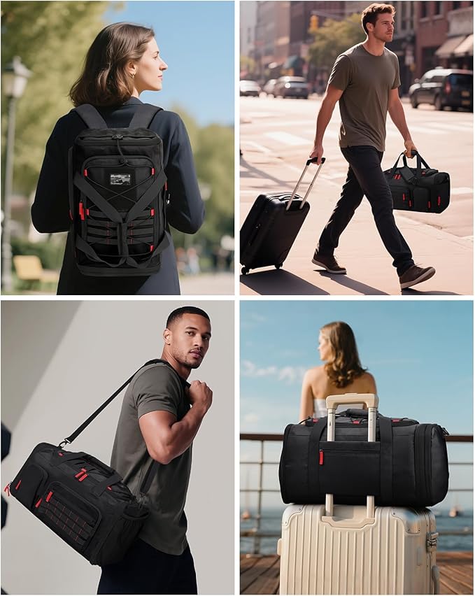 Gym Bags for Men Women, 45L Sports Travel Duffle Bag with Shoe Compartment, 3 in 1 Weekener Overnight Backpack with Wet Pocket, Black