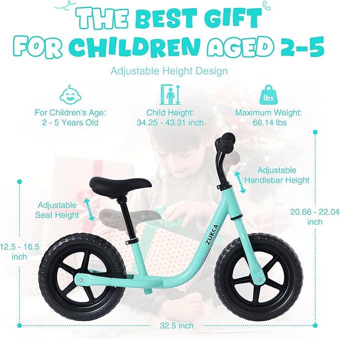 12 inch Toddler Balance Bike Adjustable Handlebar & Seat Anti-Slip Grip Suitable for 2-5 Years Old with Footrest Lightweight for Tolddlers Boys Girls Multiple Colors to Choose
