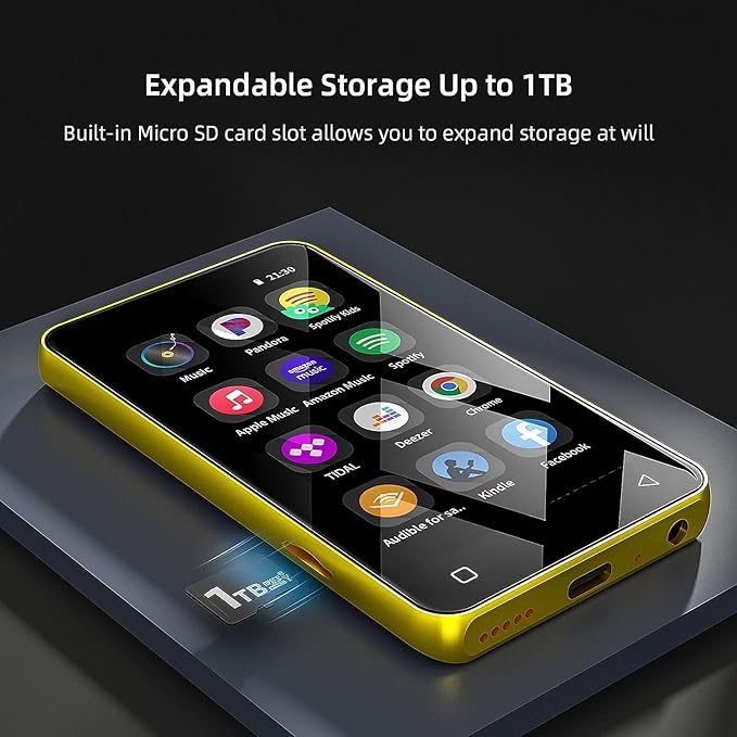 80GB MP3 Player with Bluetooth and WiFi, MP4 MP3 Player with Spotify,Spotify Kids，4" Full Touch Screen with Pandora, Music Player with Audible，Android MP3 with Speaker (Gold_Black)