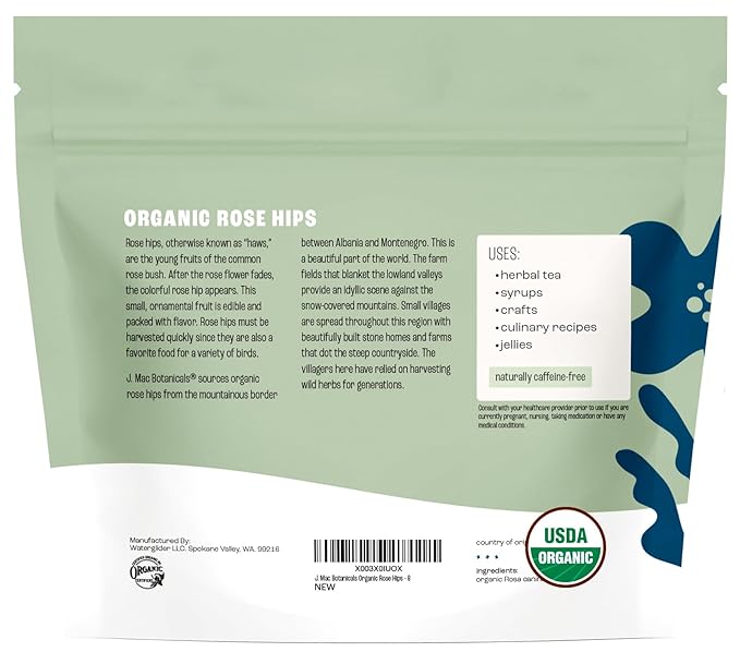 J MAC BOTANICALS Organic Rose Hips (8 oz Bag) Whole, natural organic dried rose hips for herbal tea, rosehips dried organic, rosehip tea, packaged in the USA