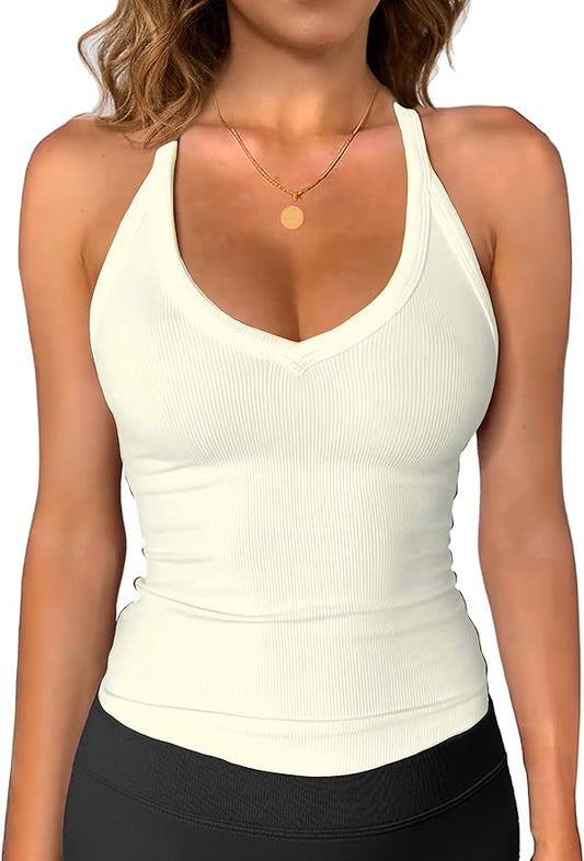 iGENJUN Workout Tops for Women Racerback Basic Tank Summer 2025 Camisole V Neck Slim Fit Ribbed Sleeveless