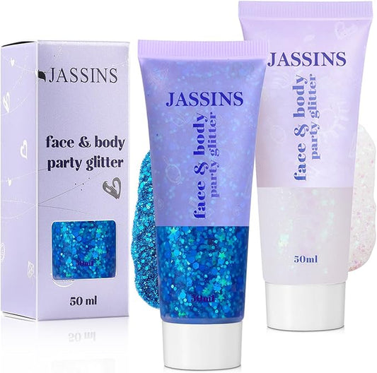 JASSINS 2 Colors Body Glitter, 100ml Face Glitter for Women Girls Kids, Glitter Gel Makeup Tween Gifts, Singer Concerts Festival Rave Accessories, Chunky Mermaid Sequins Glitter