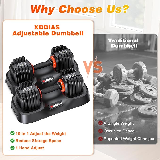 XDDIAS Adjustable Dumbbell Set of 2, 25/55/80LB Dumbbell Set-1Sec Adjustable Weights-5/10 in 1 Free Weights Dumbbells Set with Effortless Tray/No-Slip Handle-Compact Size for Women/Men at Home Gym