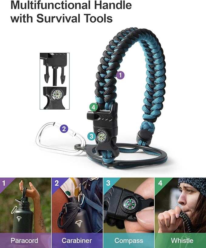 64 oz Insulated Water Bottle,Half Gallon Water Flask Stainless Steel Vacuum, Cold for 48 Hrs,BPA-Free & Leakproof -with Paracord Handle, Strap,Straw Spout Lids,Large Jug for Gym,Indigo Black