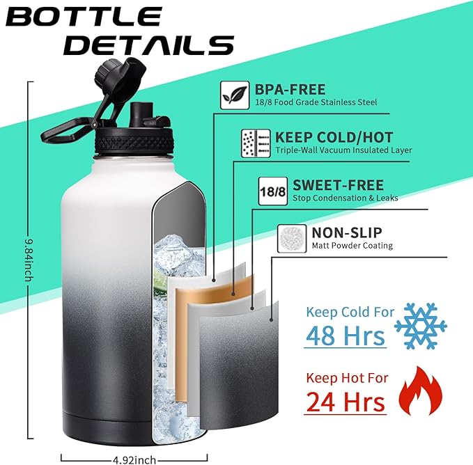 64OZ Stainless Steel Water Bottle with Paracord Handle, Straw/Spout Lid, Half Gallon Vacuum Insulated Water Flask Jug, Leak-Proof Large Sports Jug for Biking Travel Camping