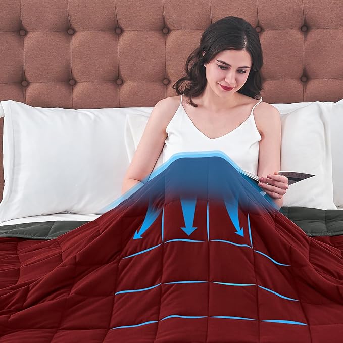 yescool Weighted Blanket for Adults (15 lbs, 60" x 80", Red Grey) Cooling Heavy Blanket for Sleeping Perfect for 110-130 lbs, Queen Size Breathable Blanket with Premium Glass Bead, Machine Washable