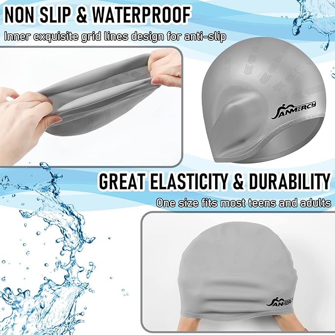 Janmercy 3 Pcs Swim Caps for Boys Girls Silicone Swimming Hat with 3D Ear Pockets for Age 6-15 Bath Hats Short/Long Hair with Ear Plug Nose Clip Supplies