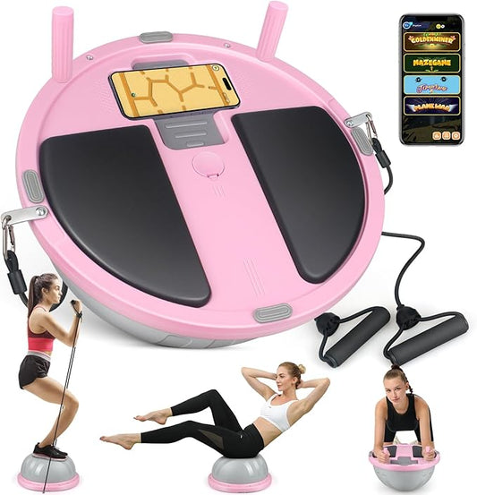 2-in-1 Balance Ball & Plank Board Trainer with App & 4 Interactive Games, Half Exercise Ball for Pilates & Yoga, Core Strength Training, Home Gym Workout, with 2 Resistance Bands & Pump