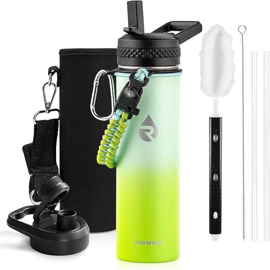 Insulated Water Bottle 20 oz, Triple Wall Vacuum Stainless Steel (Cold for 48 Hrs), Leak Proof & Non-BPA, Kids Water Bottle Jug for School with Straw Spout Lids, Ombre Green