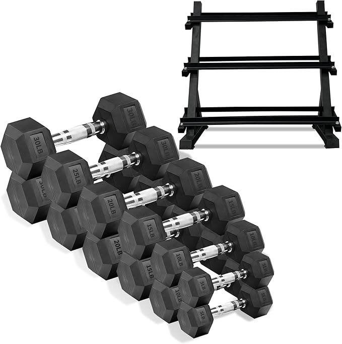 Ritafer 6-10 Pair Hex Rubber Dumbbell Set 350/450 and 550 lbsï¼?-50 lbs ）Hand Free Weight for Strength Coated Encased Iron Weights with Dumbbells Storage Rack Home Gym