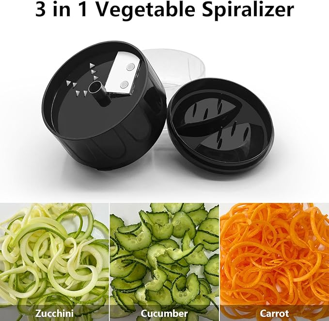 3 in 1 Vegetable Spiralizer Slicer, Adjustable Zucchini Carrot Noodle Maker, Cucumber Spiral Cutter, Easy to Use Kitchen Tool（Black）