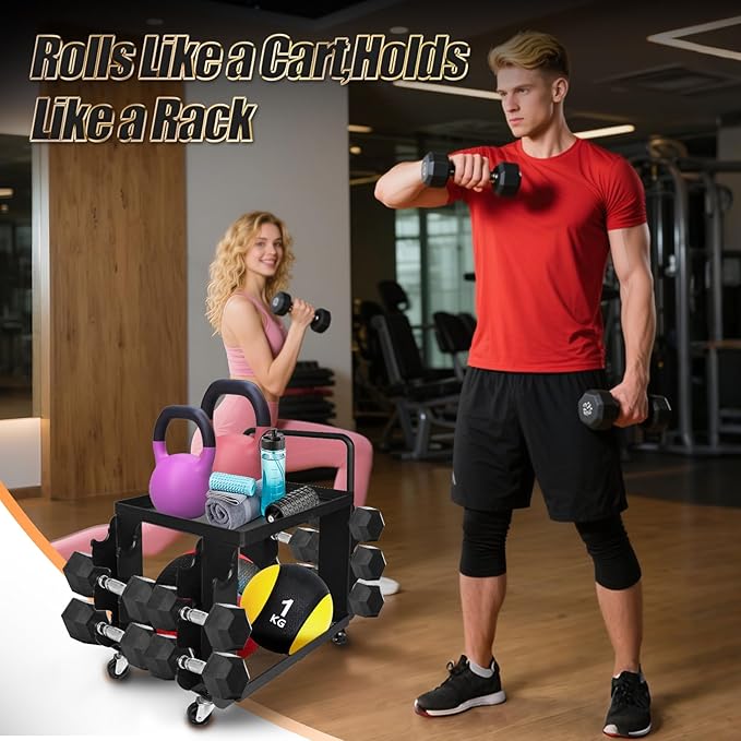 Dumbbell Rack Stand Only - Home Gym Equipment Storage Rack with Rubber Covers & Wheels - Compact Mobile Cart Design for Kettlebells, Yoga Mats & Fitness Gear