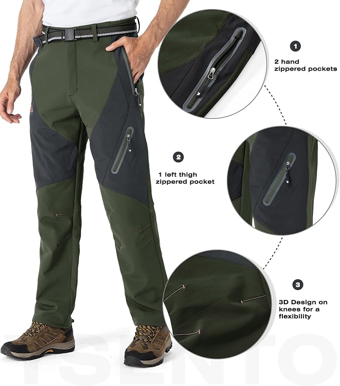 YSENTO Men's Fleece Lined Ski Snow Pants Winter Waterproof Softshell Insulated Hiking Cargo Pants