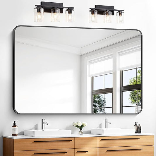 55x36 inch Bathroom Mirror,Black Rectangle Mirror,Wall Mounted Bathroom Frame Vanity Mirror with Round Corner for Bedroom Living Room, Entryway Hangs Horizontal or Vertical
