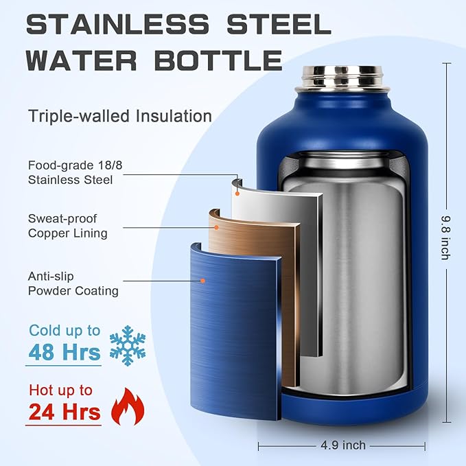 Insulated Water Bottle 64 oz, Half Gallon Water Jug Cold 48H, BPA Free Stainless Steel Bottles with Straw/Chug 2-in-1 Lid, Bag, Paracord Handle, Silicone Boot, Sports Gym School Metal Flask