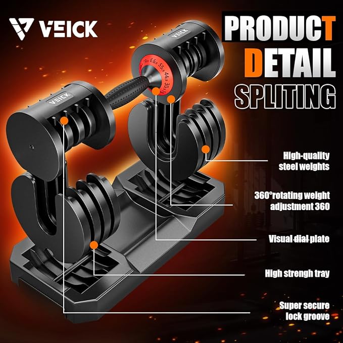 VEICK 25/55 lbs Adjustable Dumbbell with Anti-Slip Turning Handle, Fast Adjust Weight for Men Women, Exercise Equipment with Tray for Home Gym Full Body Workout Fitness